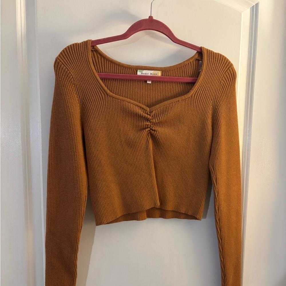 Women's Hazel Moon Brown Ribbed Long Sleeve Cropped  Sweater Top sz M